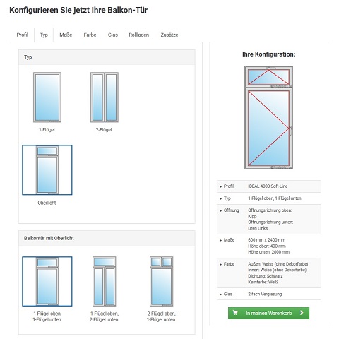 Balkontür-Konfigurator Typ mit Oberlicht