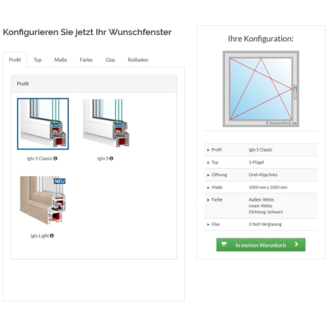 Fensterkonfigurator während der Kunststoff-Profil Auswahl