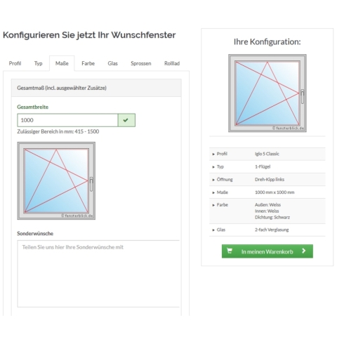Fensterkonfigurator während der Eingabe der Maße
