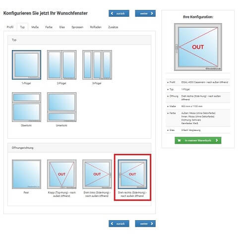 Fensterkonfigurator - Nach außen öffnende Profile