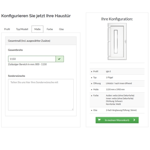 Haustür-Konfigurator Konfigurierungs-Schritt: Eingabe der Maße