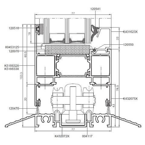 Detailzeichnung MB-86 Aluminium Falttür Profilschnitt