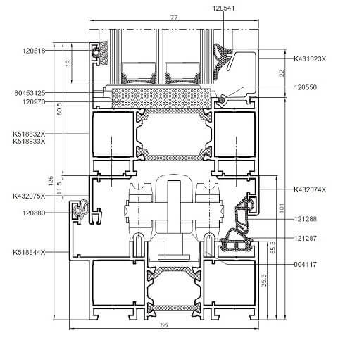 Detailzeichnung MB-86 Aluminium Falttür Profilschnitt