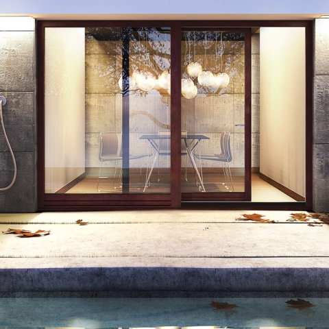 Terrasse mit Holz PSK-Türen in Braun