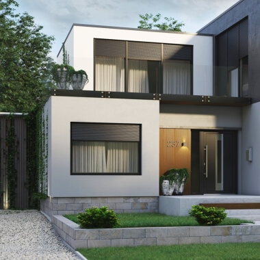 Woning met moderne kozijnen, voordeur en rolluiken in antraciet