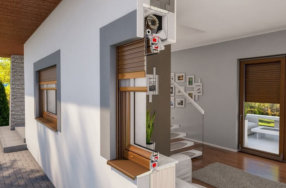 Huis met kunststof kozijnen en rolluiken in doorsnede