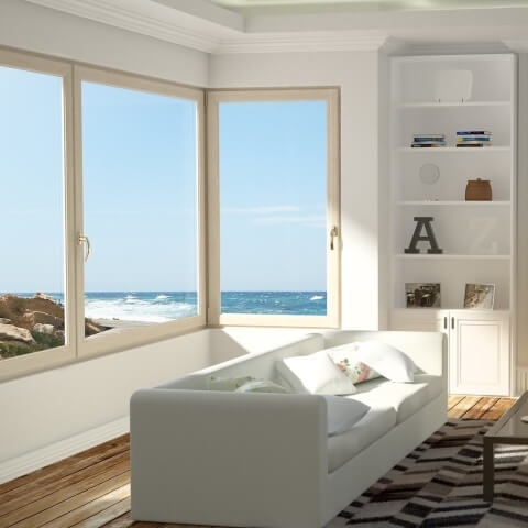 Wohnzimmer mit Eckfenster in Sheffield Oak