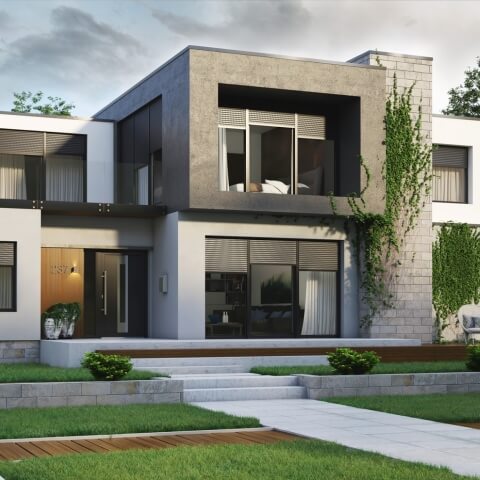 Moderne woning met kozijnen, voordeur en rolluiken in antraciet