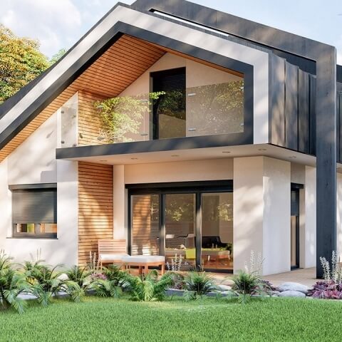 Huis met raam en voorzetrolluik in antraciet