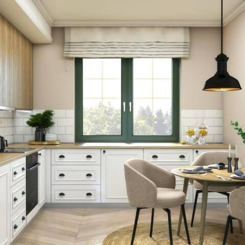 Keukenraam in mosgroen met binnenliggende roedes