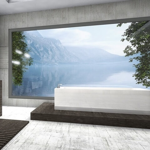 Badkamer met panoramavenster in vaste beglazing