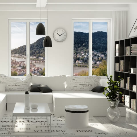 Schmale Fenster im Wohnzimmer mit 2 Flügeln und Stulp