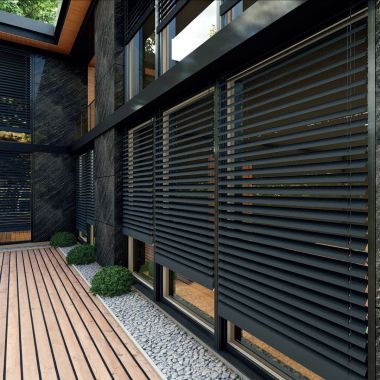 Außen Raffstore an bodentiefen Fenstern für die Terrasse in Anthrazit