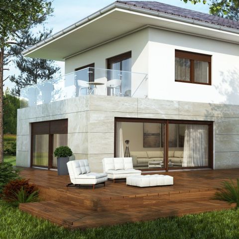 Hebeschiebetür mit Aufsatzrollladen in Braun