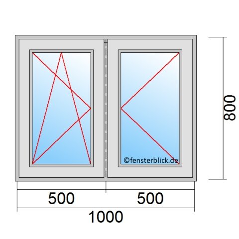 Zweiflügeliges Fenster 100x80 cm mit Dreh-Kipp-Links Öffnung & Dreh-Rechts Öffnung