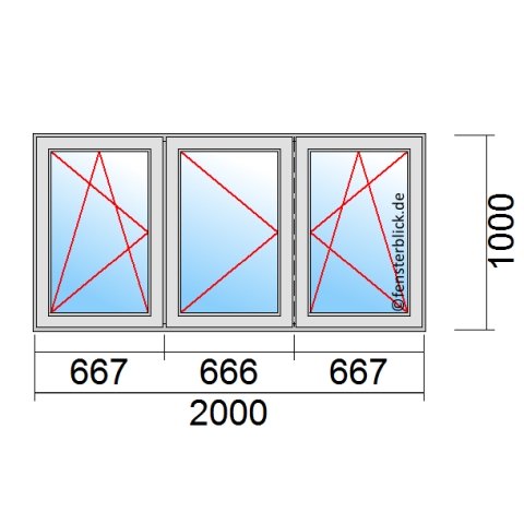 Fenster 2000x1000mm 3 flg Stulpfenster DKL/DL/DKR technische Details