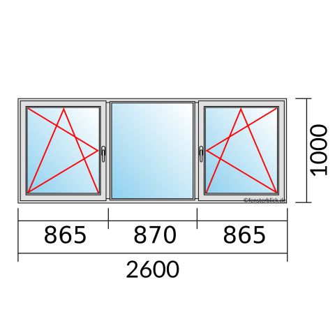 Fenster 2600x1000mm 3 flg Fenster DKL/Fest/DKR technische Details