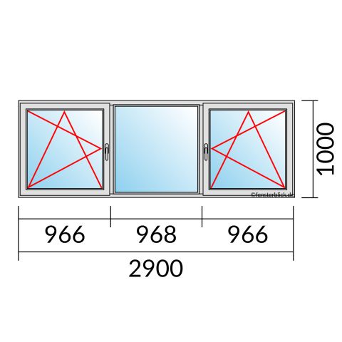 Fenster 2900x1000mm 3 flg Fenster DKL/Fest/DKR technische Details
