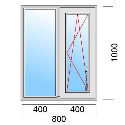 Fenster 80x100 cm Festverglasung ohne Rahmen mit Dreh-Kipp-Rechts Öffnung technische Details