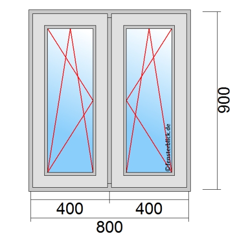 Fenster 80x90 cm mit Dreh-Kipp-Links und Dreh-Kipp-Rechts Öffnung technische Details