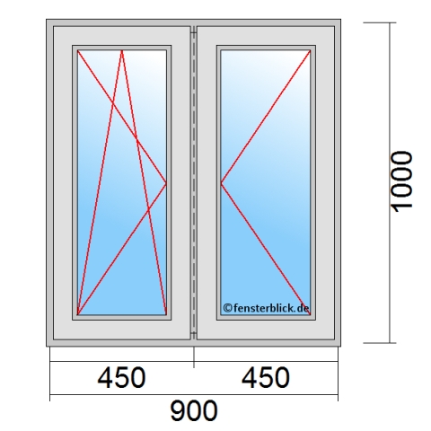 Zweiflügeliges Fenster 90x100 cm mit Dreh-Kipp-Links & Dreh-Rechts Öffnung & Stulp