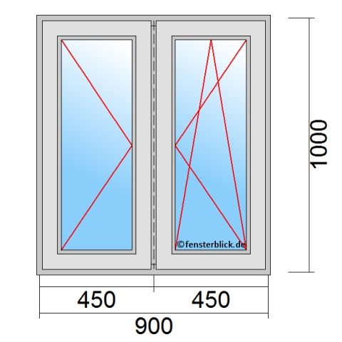 Zweiflügeliges Fenster 90x100 cm mit Dreh-Links & Dreh-Kipp-Rechts Öffnung & Stulp