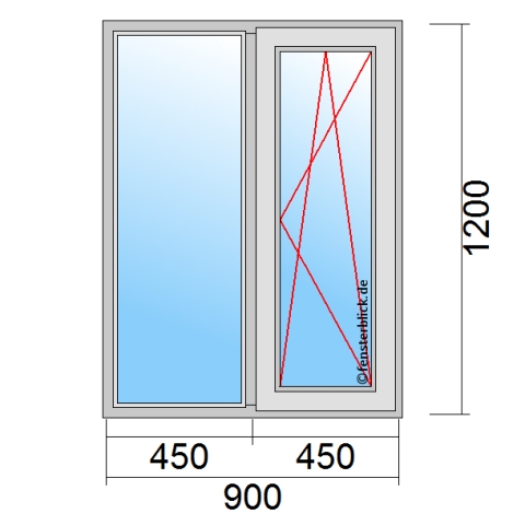 Zweiflügeliges Fenster 90x120 cm mit Festverglasung im Rahmen und Dreh-Kipp-Rechts Öffnung