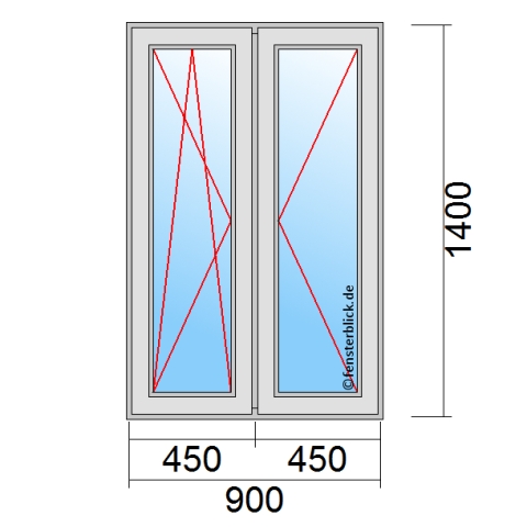 Zweiflügeliges Fenster 90x140 cm mit Dreh-Kipp-Links Öffnung & Dreh-Rechts Öffnung