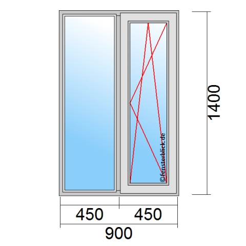 Zweiflügeliges Fenster 90x140 cm mit Festverglasung im Rahmen & Dreh-Kipp-Rechts Öffnung