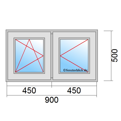 Zweiflügeliges Fenster 90x50 cm mit Dreh-Kipp-Links & Dreh-Rechts Öffnung