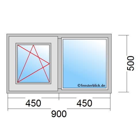 Zweiflügeliges Fenster 90x50 cm mit Dreh-Kipp-Links Öffnung & Festverglasung im Rahmen