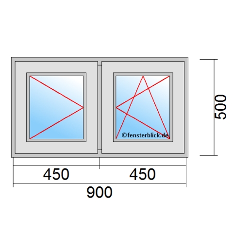 Zweiflügeliges Fenster 90x50 cm mit Dreh-Links & Dreh-Kipp-Rechts Öffnung