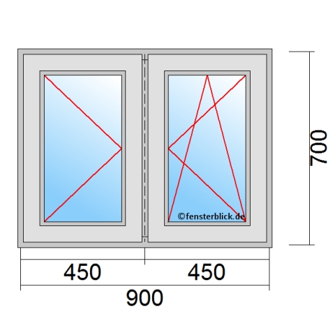 Zweiflügeliges Fenster 90x70 cm mit Dreh-Links & Dreh-Kipp-Rechts Öffnung & Stulp
