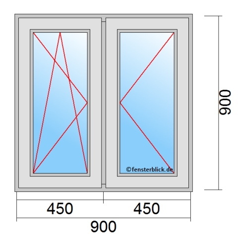 Zweiflügeliges Fenster 90x90 cm mit Dreh-Kipp-Links Öffnung & Dreh-Rechts Öffnung