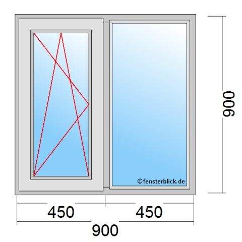 Zweiflügeliges Fenster 90x90 cm mit Dreh-Kipp-Links & Festverglasung im Rahmen