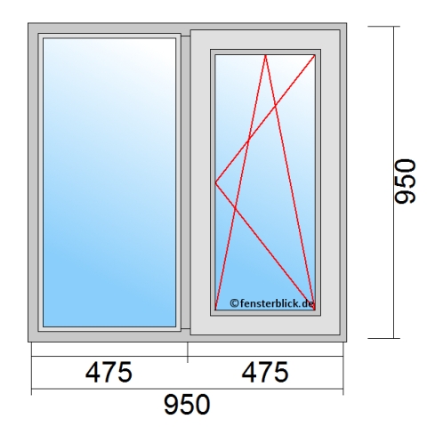 Zweiflügeliges Fenster 95x95 cm mit Festverglasung im Rahmen & Dreh-Kipp-Rechts Öffnung