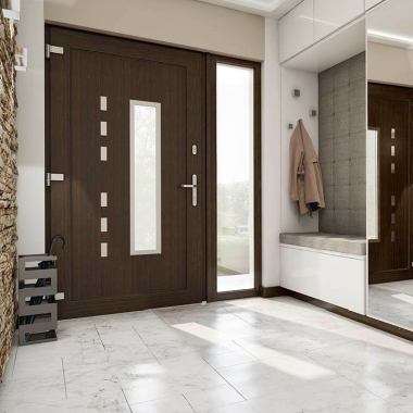 Kunststoff-Haustür mit Seitenteil in Nussbaum