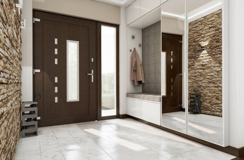 Kunststoff Haustür mit Seitenteil in Nussbaum