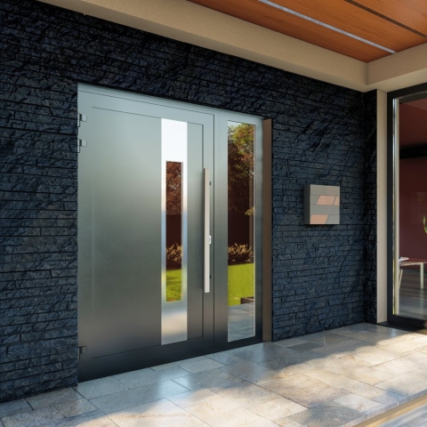 Aluminium voordeur met zijdeel en roestvrijstalen applicaties