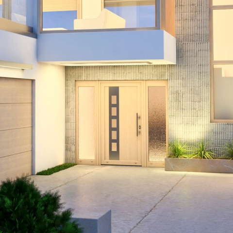 Haustür mit Seitenteil in der Farbe Sheffield Oak mit Ornamentgläsern